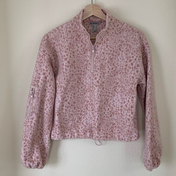Pink‎ Cheetah Print forever 21 cropped quarter-zip fleece sweatshirt small - Picture 1 of 9